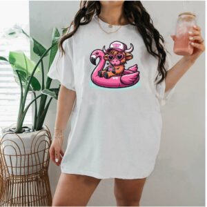 Highland Cow Pink Flamingo Floatie Tee,  Summer Vibes T-Shirt