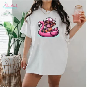 Highland Cow Pink Flamingo Floatie Tee,  Summer Vibes T-Shirt