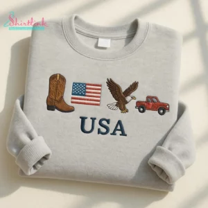 USA Embroidered Icons Crewneck Sweatshirt – 4th of July, Western, Cowboy Style