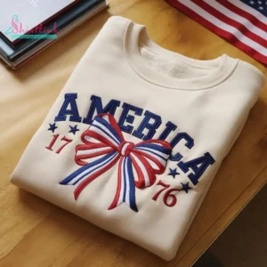 Embroidered America Sweatshirt – 4th of July Patriotic Crewneck | USA est. 1776 | Custom Bow Shirt for Women