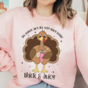 Cute Preppy Thanksgiving Sweatshirt – Thick & Juicy Turkey Vibes with Fall Purse & Coffee Cup